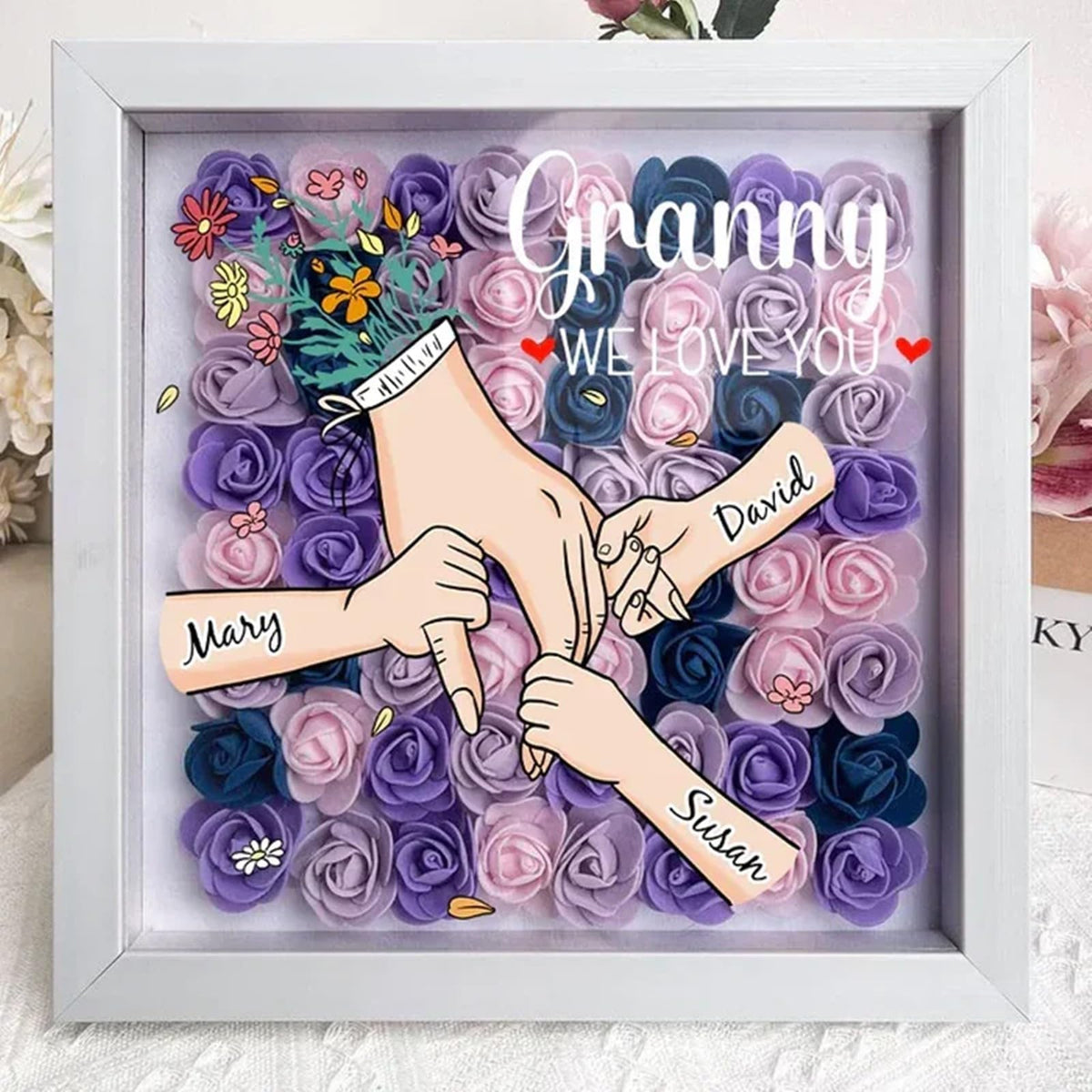 Custom Mom Flower Shadow Box with Kids Name for Mother's Day Personalized Eternal Flower Shadow Box with Text Mothers Day Anniversary Birthday Flower Gift for Mom Grandma