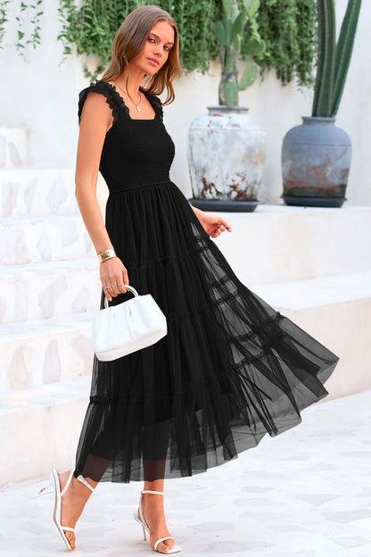 PRETTYGARDEN Women's Summer Tulle Midi Dress Sleeveless Smocked Ruffle Flowy Mesh Dresses Party Wedding Guest Sundress (Black,Large)