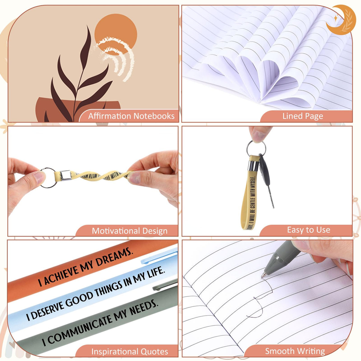 Mooliwe Positive Affirmation Gift Set Gratitude Notebooks with Pens Keychains Small Bags Motivational Party Favors for Adult Women Coworkers Employee Group(24 Set,Plant)
