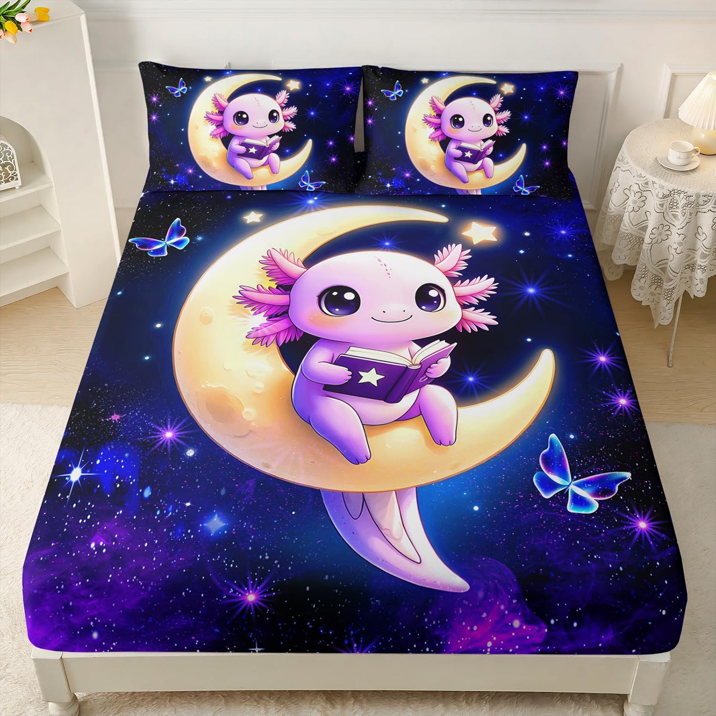 HOSIMA Kawaii Axolotl Twin Fitted Sheet for Kids,Axolotl Sitting on Moon Reading Book,Butterflies Pattern Aesthetic Galaxy Bedding Set for Teenage Girl Room Decor,1 Fitted Sheet+2 Pillowcases.