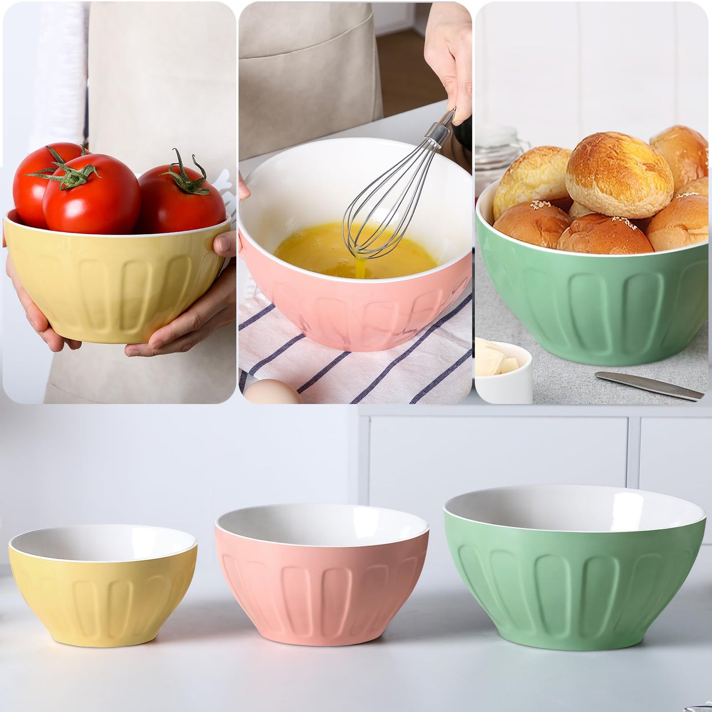 Lareina Ceramic Mixing Bowls Set of 3, Large Nesting Bowls for Serving/Baking/Prepping, Housewarming & Wedding Gift, Oven, Microwave and Dishwasher Safe 3.2/1.7/1.2 Qt, Pastel Color