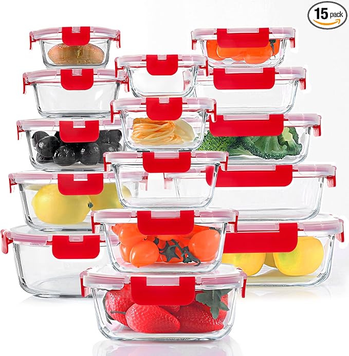 KOMUEE 30 Pieces Glass Food Storage Containers Set, Meal Prep Containers Set