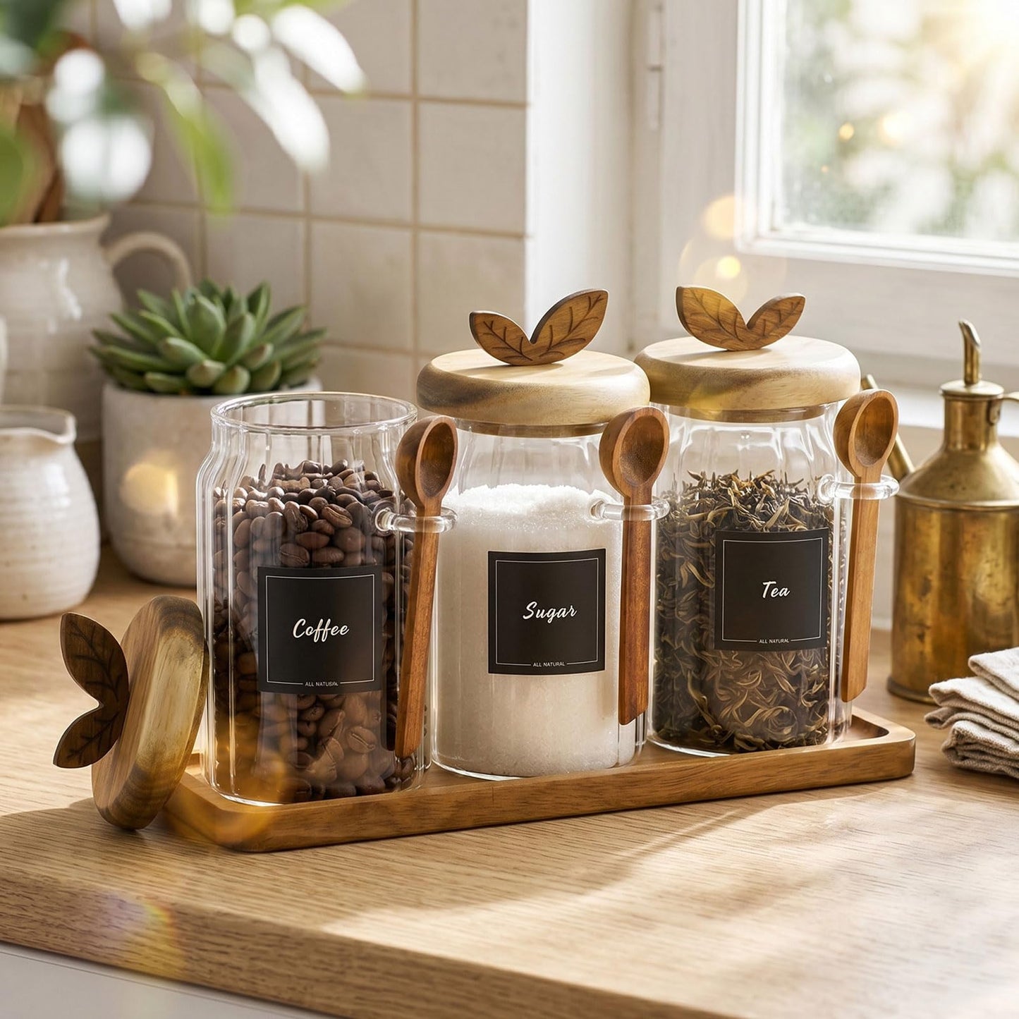 Suclain 3 Sets Glass Coffee Sugar Tea Canister 27 oz Airtight Food Storage Jar with Wooden Lid Spoon Shelf Labels Clear Glass Container for Sugar Coffee Bean Holder Salt Tea Housewarming Gift