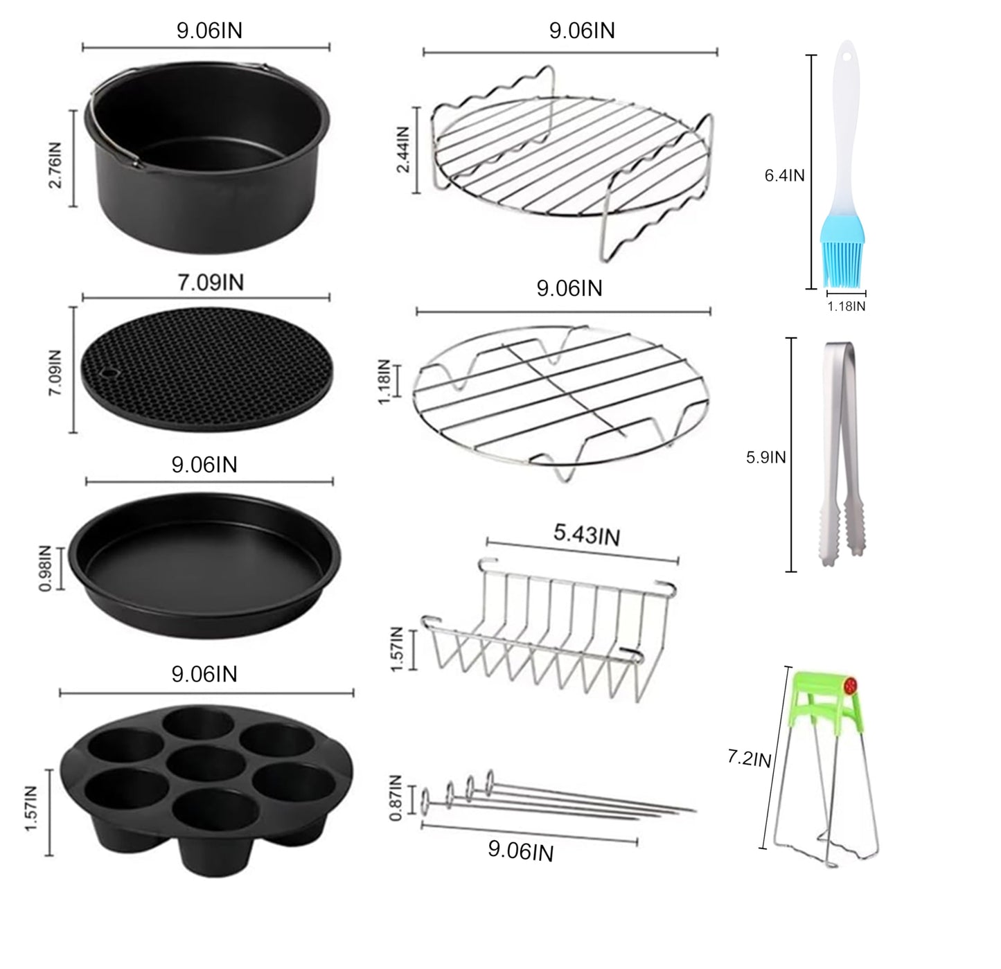 Air Fryer Accessories Set Fit for Gowise Gourmia Cozyna Ninja,Fit All 2.3qt-3.2qt Air Fryer,Kits with Skewers Silicone Mat,Pizza Pan,Cake Barrel,Non-Stick,Dishwasher Safe,Universal,6 Inch 10pcs,Black