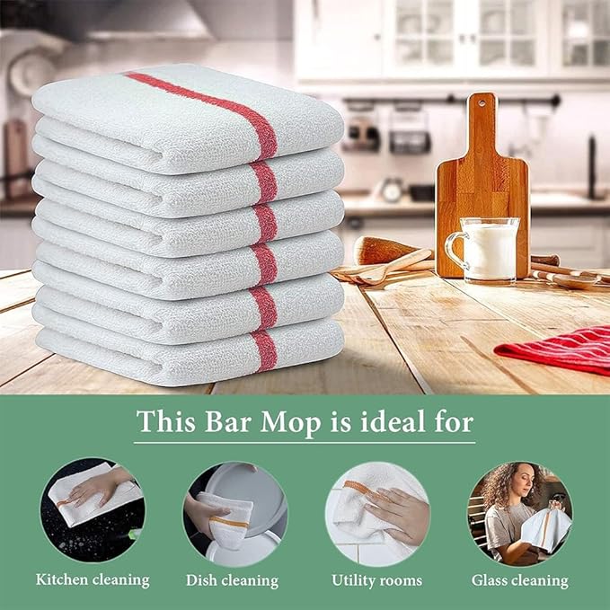 Bar Mop Red Stripe 6 lbs 16x19 Pack of 36, 100% Cotton Double Stitched Route