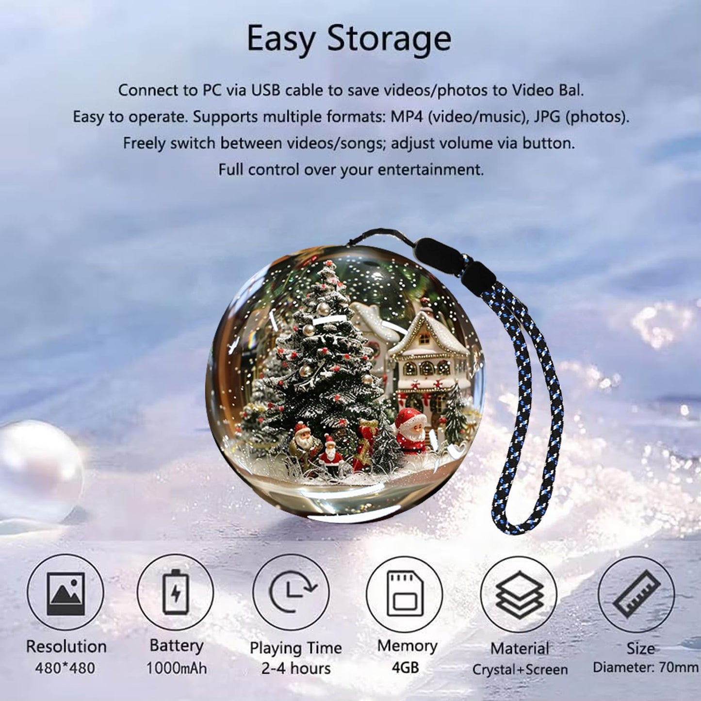 Crystal Ball Video Player, Memory Orb, 2.7" HD Screen 4GB Digital Frame Personalized USB Uploadable Video & Photos Rechargeable Memory Pearl for Couples Friends Family Anniversary Birthday