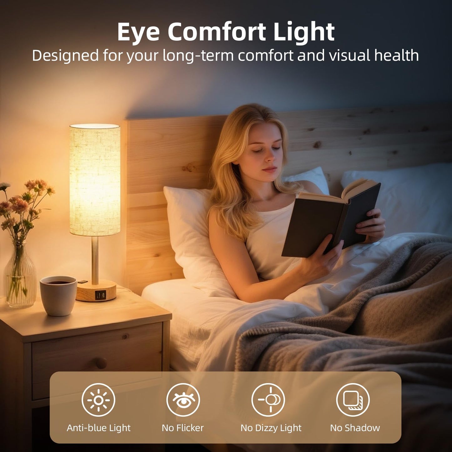 Fitfull Table Lamp for Nightstand, High-Sensitivity Touch, 3-Level Dimmable Bedside Lamp with AC Outlet | USB | and USB-C, Ideal Night Stand Lamp for Bedroom, Reading, Living Room(Warm&Wooden)