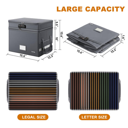 DocSafe File Box with Lock,Multi-Layer Fireproof Document Box Collapsible File Storage Organizer with Pockets/Handle,Large Portable Home Office Filing Box for Hanging Letter/Legal Size Folders,Gray