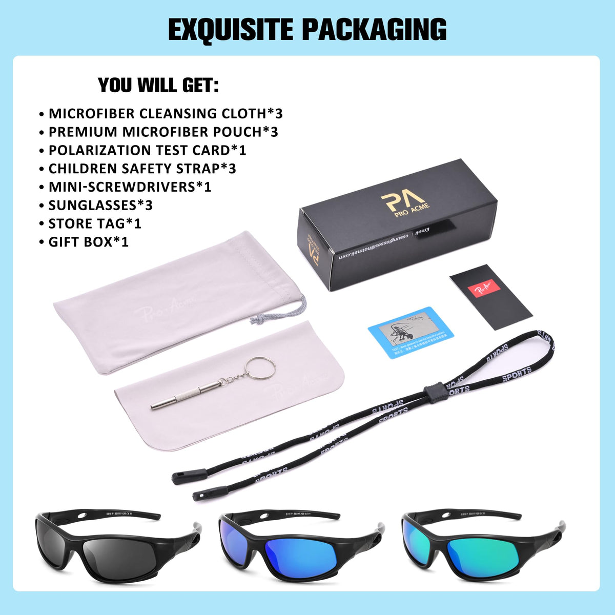 Pro Acme 3 Pack Kids Polarized Sunglasses for Boys Girls，Flexible TR90 Unbreakable Sports Baseball Sunglasses for Children Age 3-12, Medium