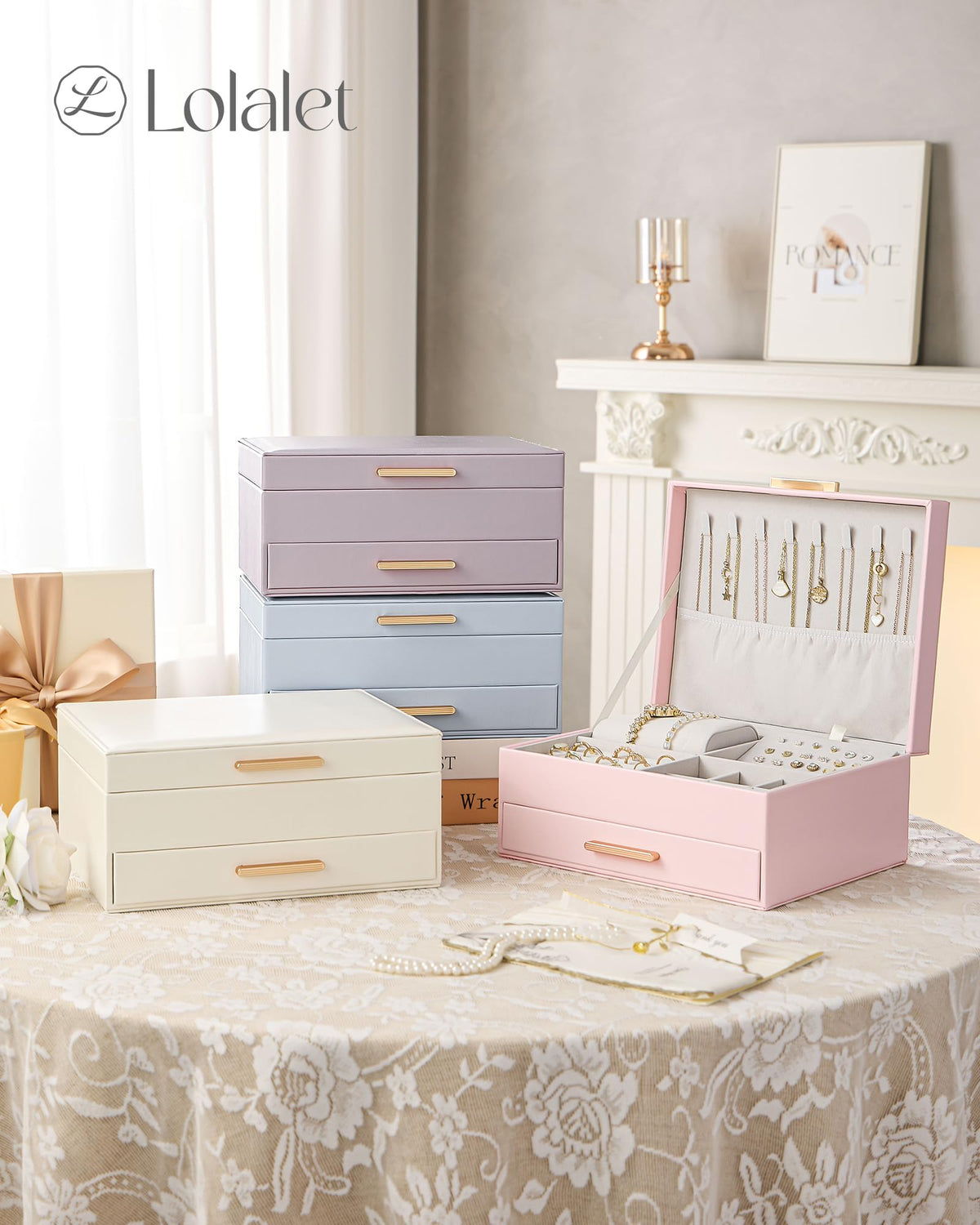 Lolalet 2-Layer Jewelry Box Organizer for Women Girls, Jewelry Storage Case Holder with Drawers for Necklaces Ring Earrings Bracelet Watch, Gifts for Galentines Valentines Girlfriend Wife -Beige