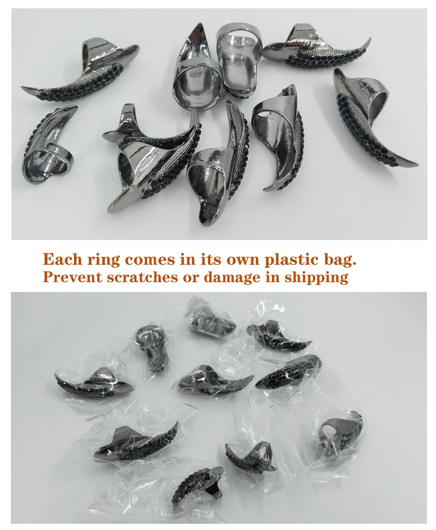 10 Pcs Halloween Costume Claws Fake Nails Ring Set, Bestga Gothic Punk 3 Sizes Crystal Full Finger Rings Paved Paw Bend Fingertip Fingernail Claw Girls Women Men Ring False Easy Long Nails (Black)