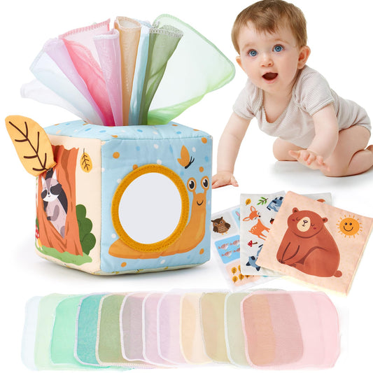 hahaland Baby Tissue Box Toy - Baby Toys 6-12 Months Montessori Toys for 6 Month Old Must Haves - Boy Girl Shower Gifts for Babies 6 9 12 18 Months Old Developmental Sensory Pulling Play Scarf Toy