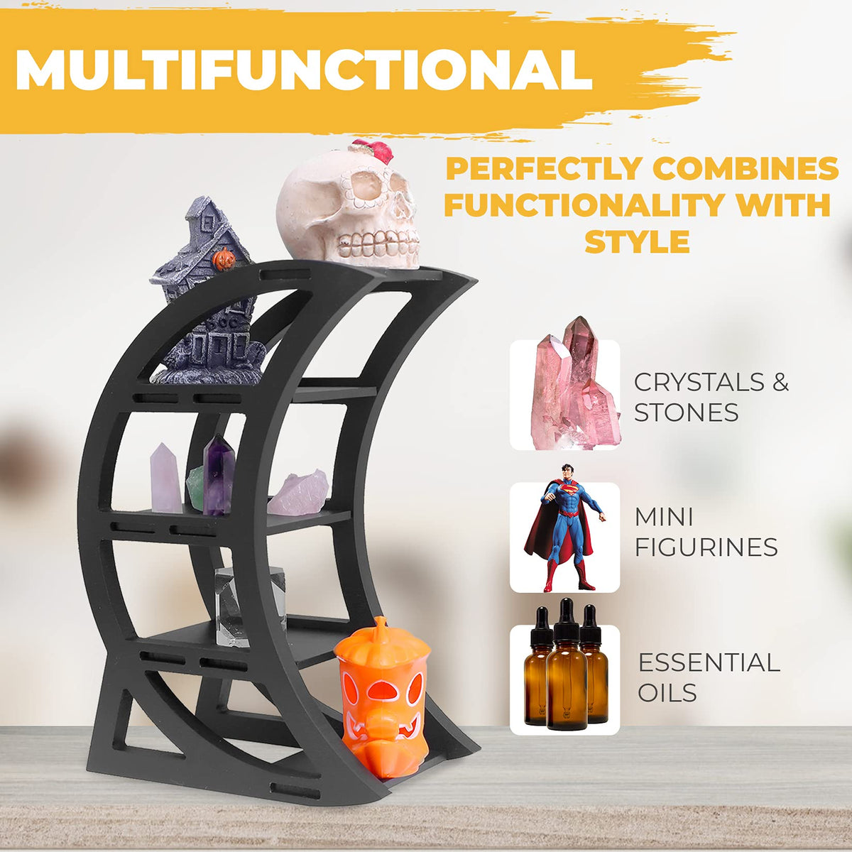 CEFRECO Wooden Crystal Display Shelf - Crystal Holder for Stones and Essential Oil - Black Witchy Decor Crescent Moon Phrase Decorative Shelves for Table Top - Unique Crystal Shelf Display Stand