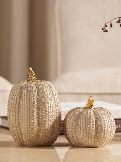 Fall Thanksgiving Pumpkin Decor Figurines, 2 PCS Fake Pumpkin Statues for Tabletop Decorating, White and Gold Resin Pumpkins for Autumn Harvest Luxury Fall Home Decor, Farmhouse, Gift Package