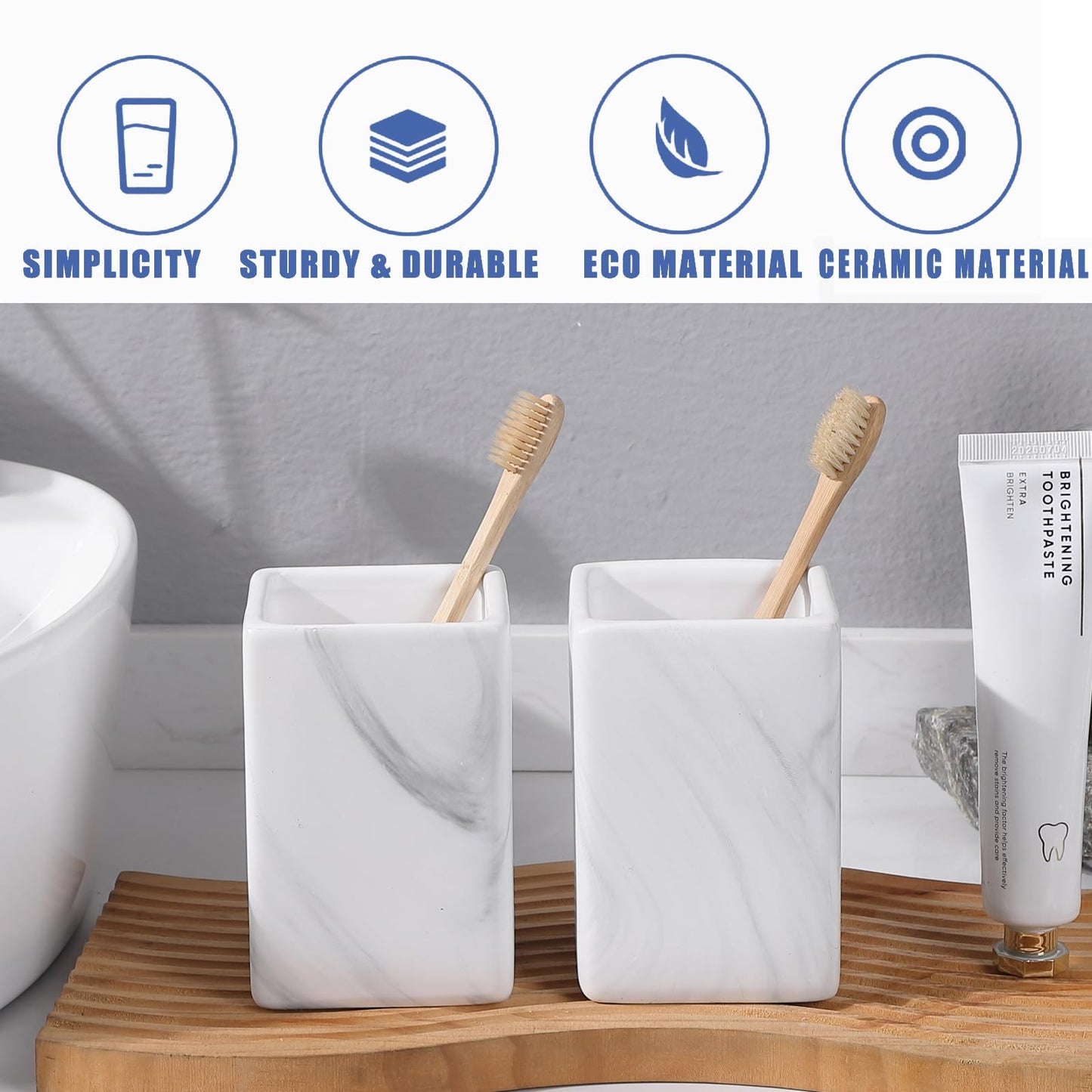 Marble Square Toothbrush Holders - Ceramic Tooth Brushing Holders, Toothbrush Cup, Toothpaste Organizer for Bathroom Countertop, Makeup Brush Holder, Pen Holder for Home Desktop Storage