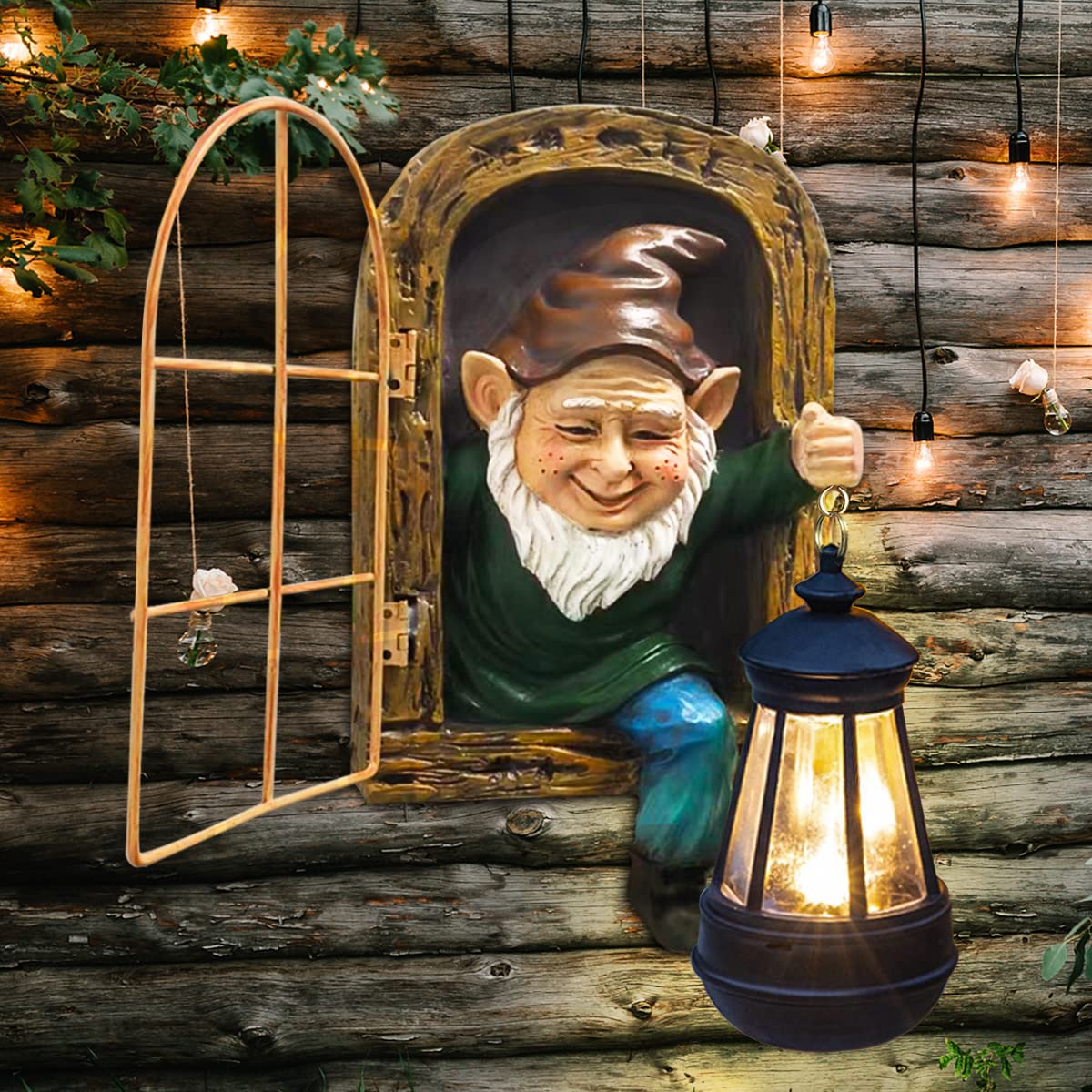 REYISO Whimsical Fairy Garden Gnomes with Solar Lights-10 Elf Out The Door Tree Hugger Garden Statues-Outdoor&Yard Decor-Tree Face Sculpture,Ideal Halloween Gifts - Yard Art for Patio,Fence,Wall