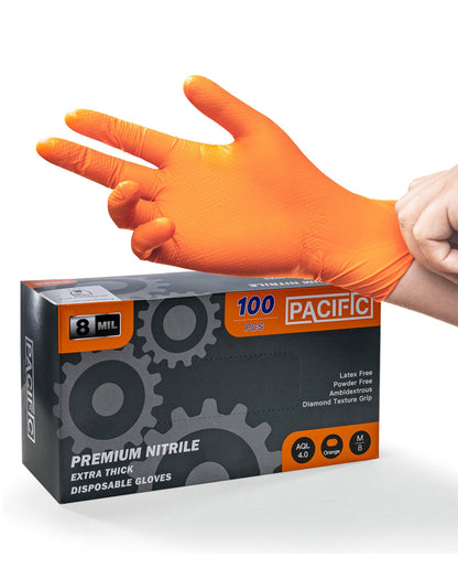 PACIFIC 8-mil Orange Nitrile Disposable Gloves, Heavy-Duty, Industrial, Mechanic, Diamond Textured, Latex & Powder Free, EN 374, Medium