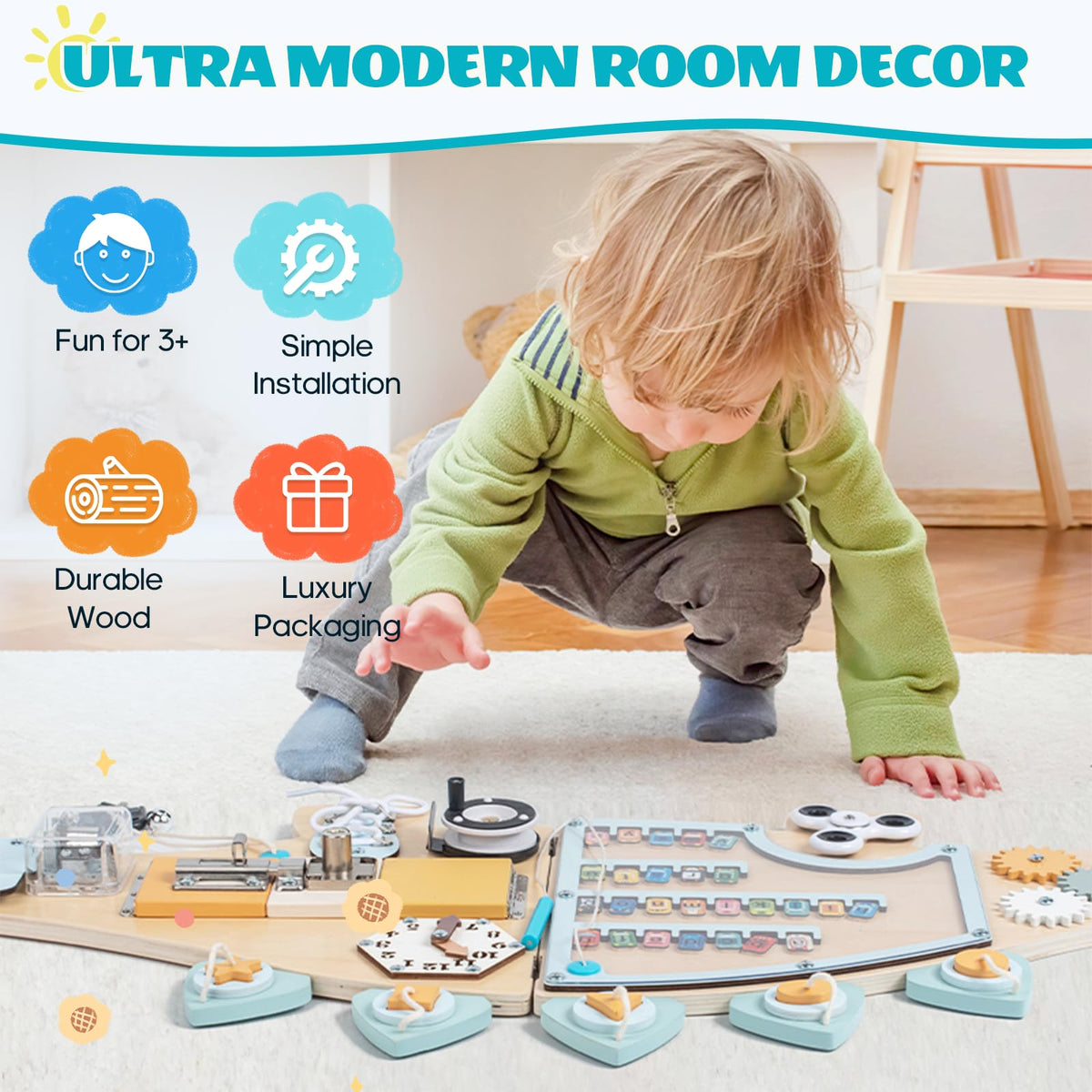 BROWNROOT Dinosaur Activity Wall Busy Board 11 in 1 Foldable Wooden Montessori Sensory Panel for Kids Wall Mounted Toddler Learning Activity Center for Playroom Daycare Nursery Classroom 3-6