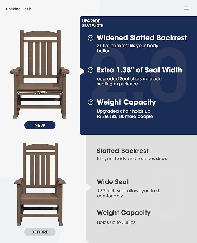 KINGYES HDPE Outdoor Rocking Chair Set of 2, Widened Seat Patio Rocking Chair, Oversized All Weather Patio Rocker, Brown
