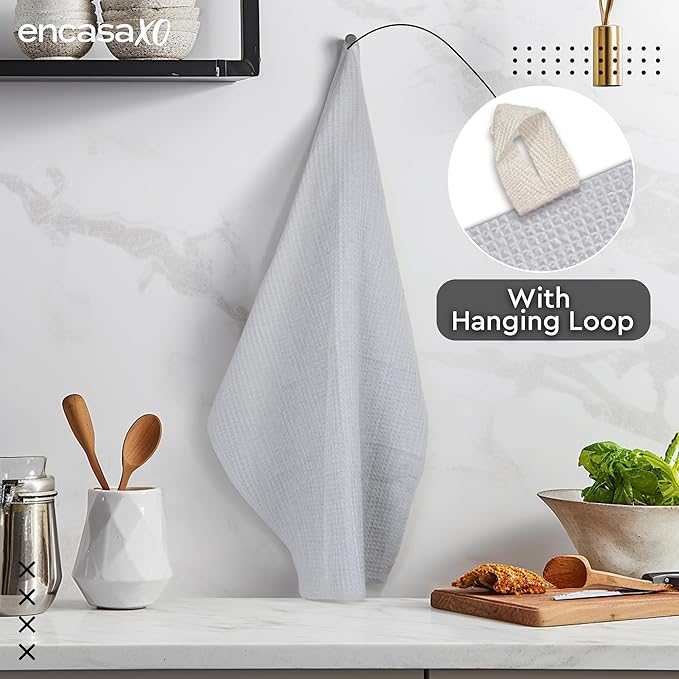 Encasa XO Kitchen Dish Towels Set | Light Grey | Waffle Weave and Flat Hand Tea