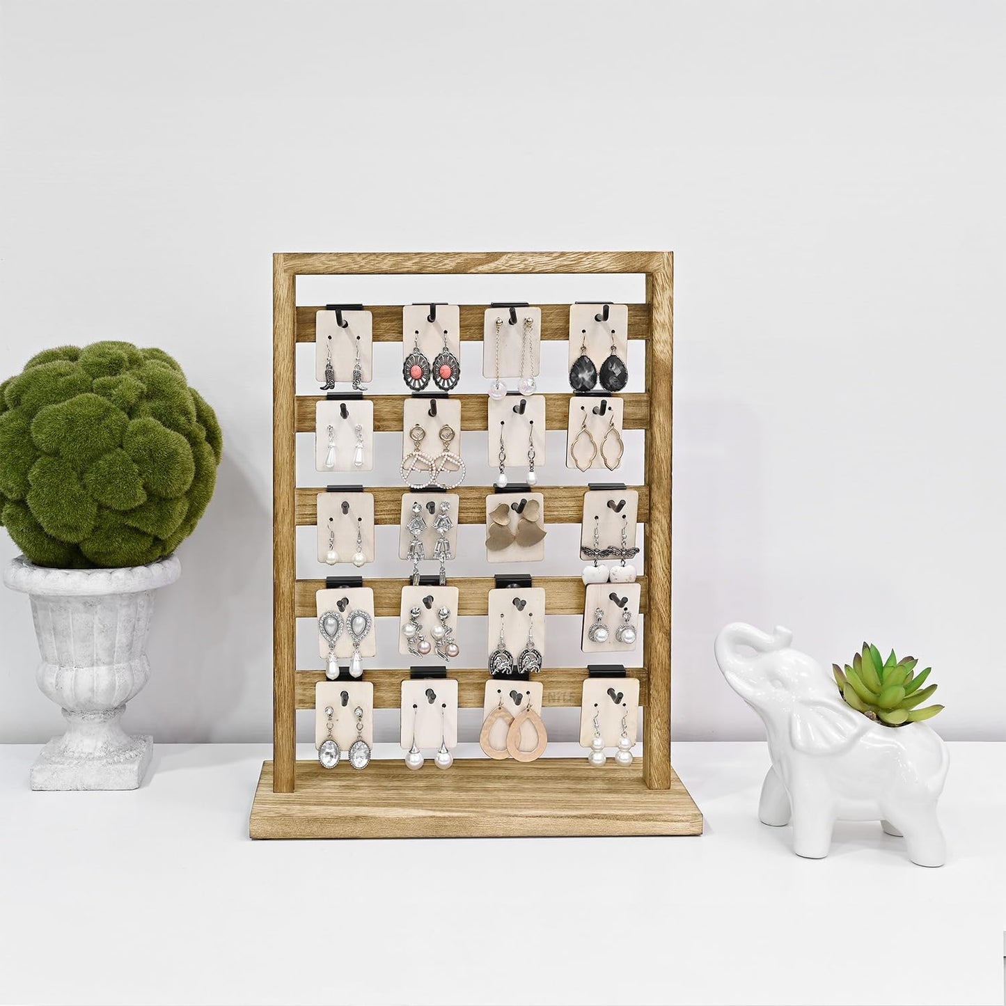 Ikee Design Free Assemble 2 Pcs Set Wooden Jewelry Display Rack with 20 Removable Metal Hooks/Each, Earring Display Holder Stand for Earring,Necklaces,Bracelet, Keychain Stand, Oak Color