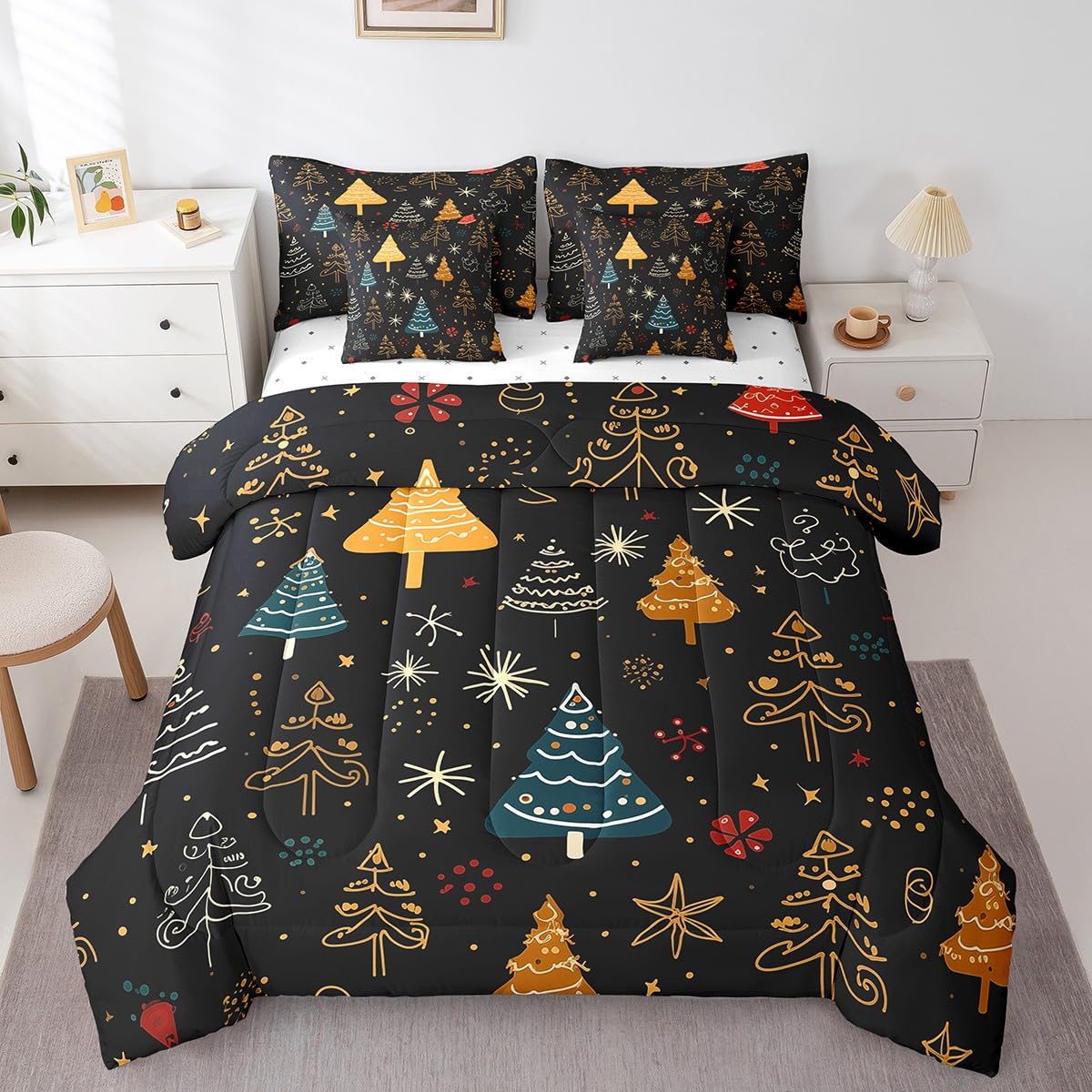 Erosebridal Christmas Theme Bedding Full Size 7Pcs for Kids Boys Girls Xmas Tree Comforter Set,Glitter Stars Bed in A Bag Black Comforter Set with Sheets,Cartoon Hand Drawn Bed Set for All Seasons