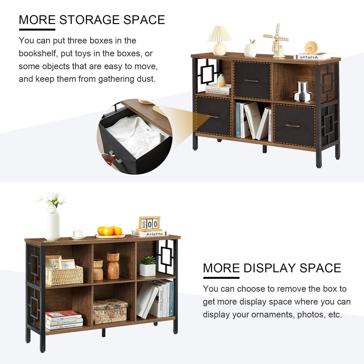 HOMISSUE 6 Cube Storage Organizer Shelf, Rustic Short Bookshelf with 3 Storage Bins, Industrial Horizontal Bookshelf with Metal Frame, Low and Wide Cube Bookcase for Living Room and Office, Brown