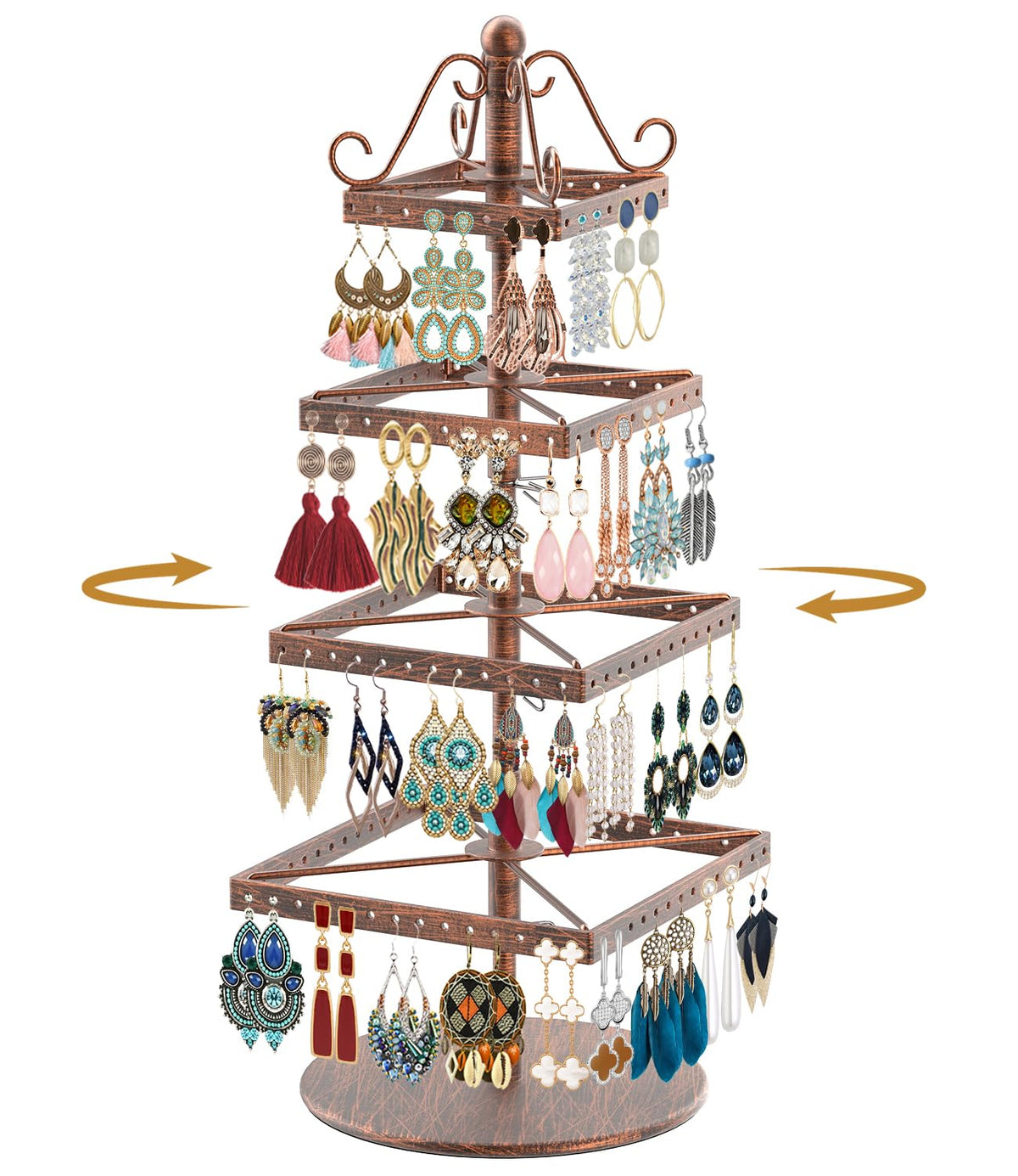 MODOWEY Rotating Earring Holder Organizer Stand, 4 Tier Adjustable Metal Display Tree, 176 Holes Earing Rack for Pierced Stud Dangle Hoop Storage, Space-Saving Jewelry Hanger Tower for Women, Bronze
