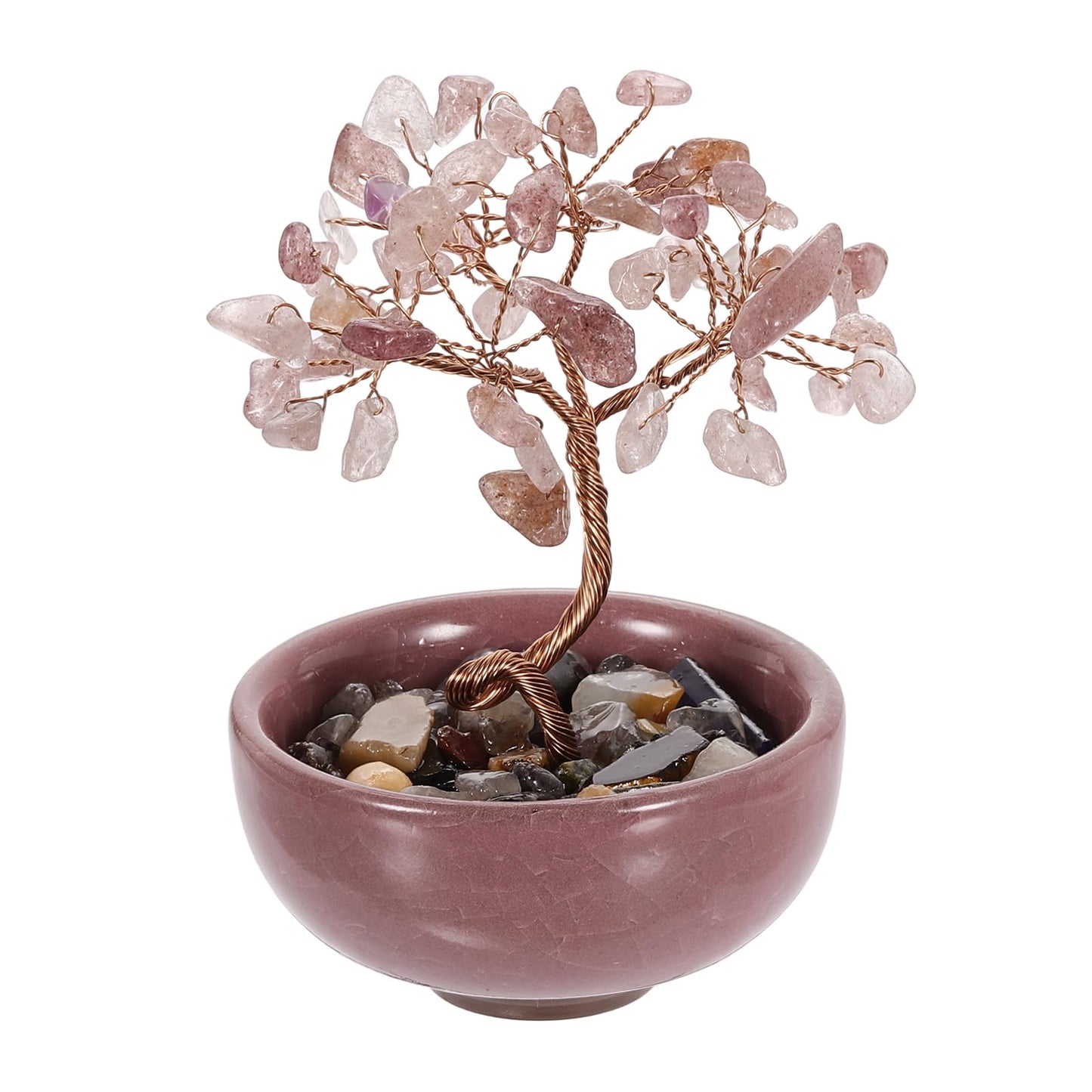 MECCANIXITY 7 Chakra Crystal Tree of Life, Natural Strawberry Crystal Gemstone Tree Handmade Feng Shui Bonsai with Agate Base for Positive Energy, Luck, Home Office Decor (4x2.4Inch Pink)