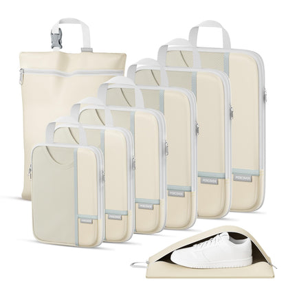 Percover Compression Packing Cubes 8-Piece Set, Packing Cubes Compression for Travel with Laundry Bag & Shoe Bag, Travel Organizer for Carry On & Checked Luggage, Beige