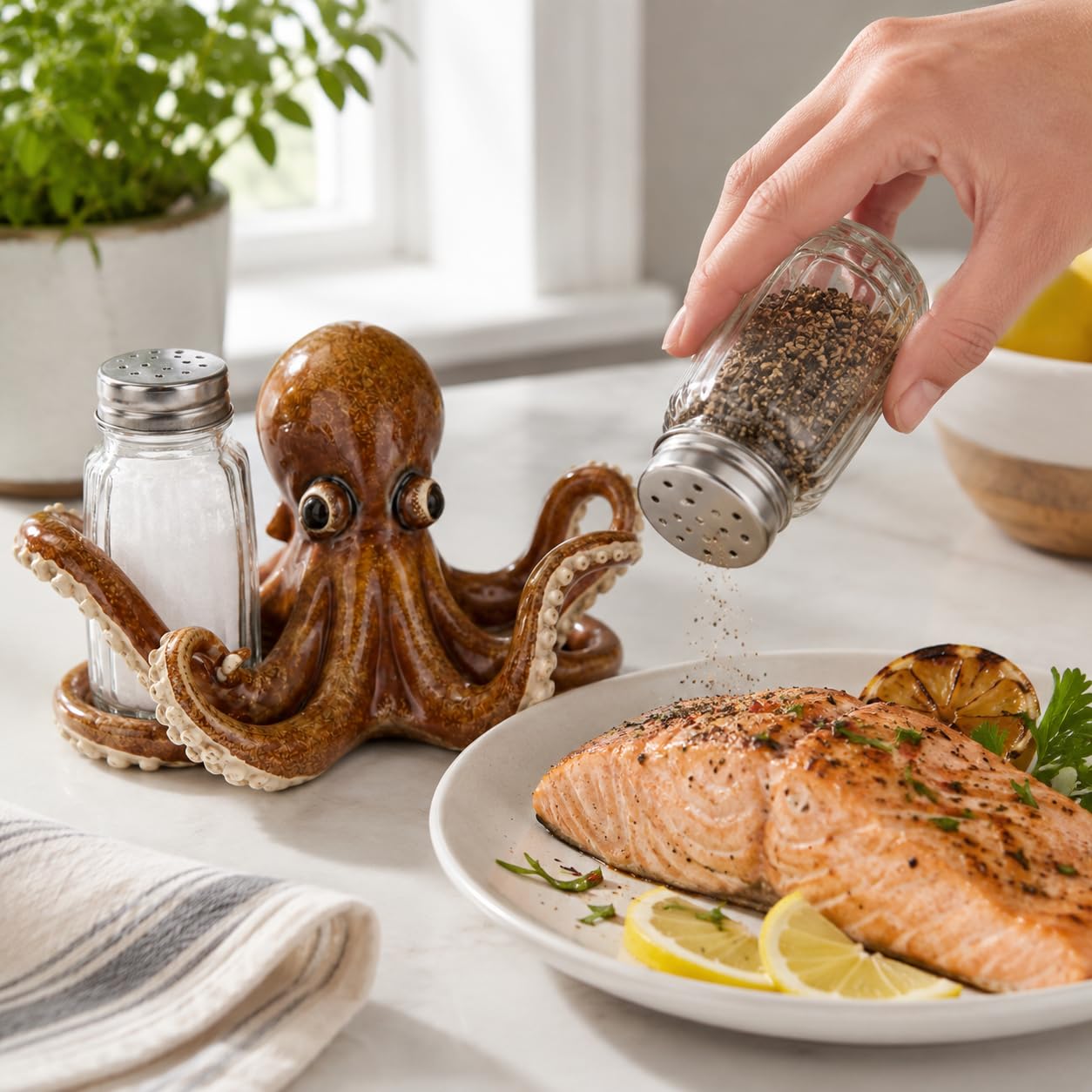 Comfy Hour Decorative Octopus Salt and Pepper Shaker Duo, Artisan Crafted Coastal Sea Life Figurine Holder for Kitchen Tabletop, Includes 2-Count Glass Bottles, 6.1"L x 4.3"W x 3.5"H, Brown Resin