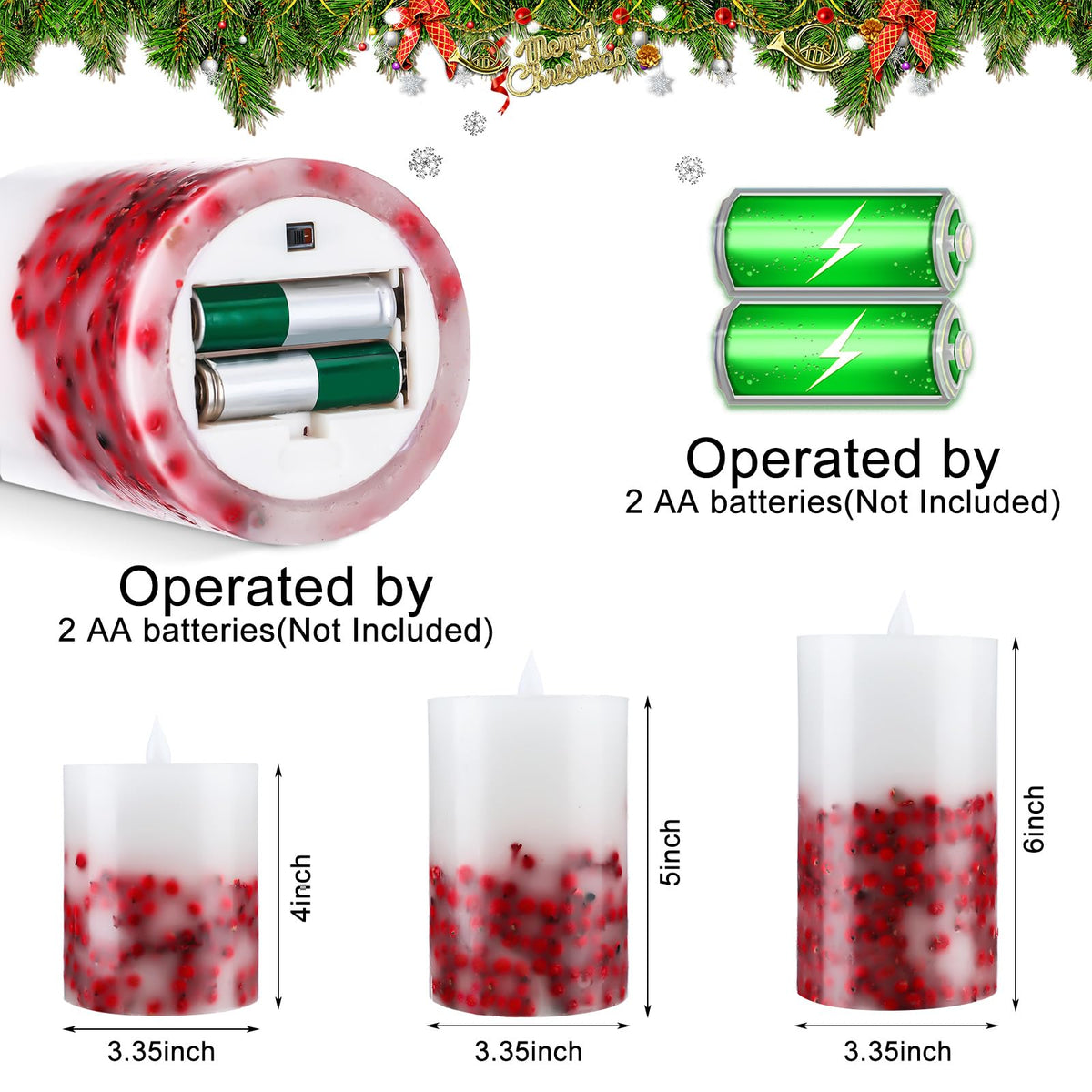Baquler 3 Pcs Christmas Flameless LED Candles Rowan Berries Embedded Real Wax Unscented Flicker Wick Pillar Candle Battery Operated Warm Light for Home Party Xmas Gift Decoration