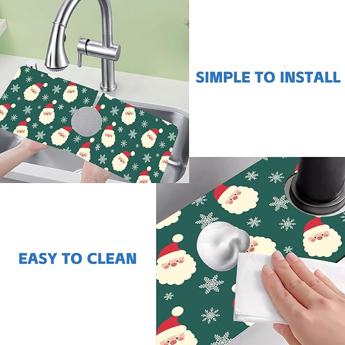 Christmas Kitchen Sink Splash Guard Mat Santa Claus and Snowflakes Sink Splash