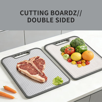 2-in-1 Double Sided Cutting Board, SUS304 Stainless Steel & Wheat Straw Cutting Board, Non-Slip Kitchen Chopping Board for Meat, Vegetables, Fruits, Dishwasher Safe（16inchX11inch）