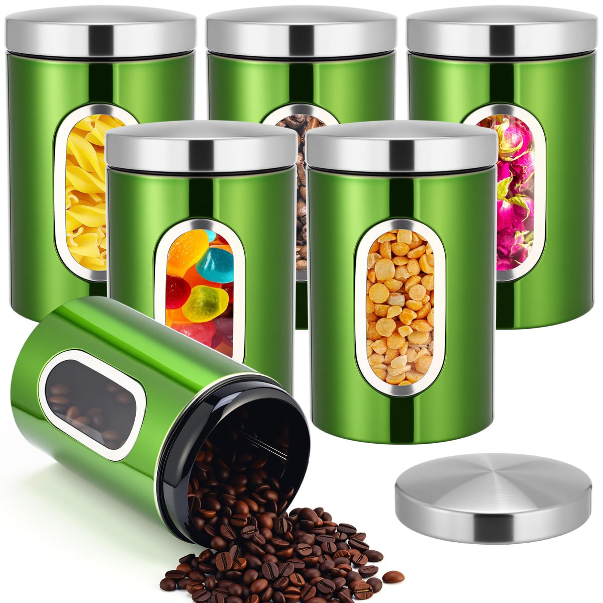 Zopeal 6 Pack Green Canisters Sets For Kitchen 50oz Stainless Steel Kitchen Canisters with Transparent Windows Flour Sugar Container Metal Jar Countertop Set for Coffee Tea Decorative