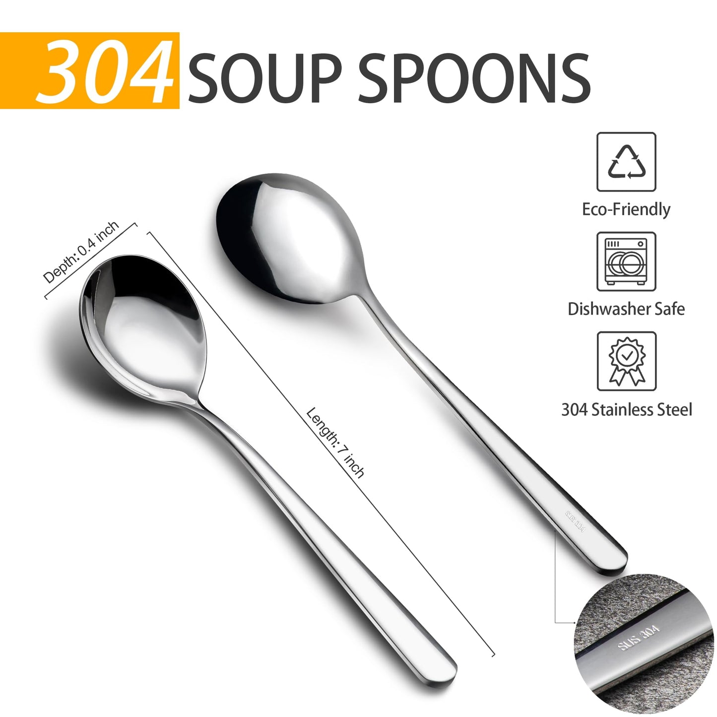 18/8 Soup Spoons, 304 Stainless Steel Spoons Set 8-Piece Heavy Duty Flatware Utensils for Soup Cereal Stew Friuts Dishwasher Safe Eco-Friendly Spoons