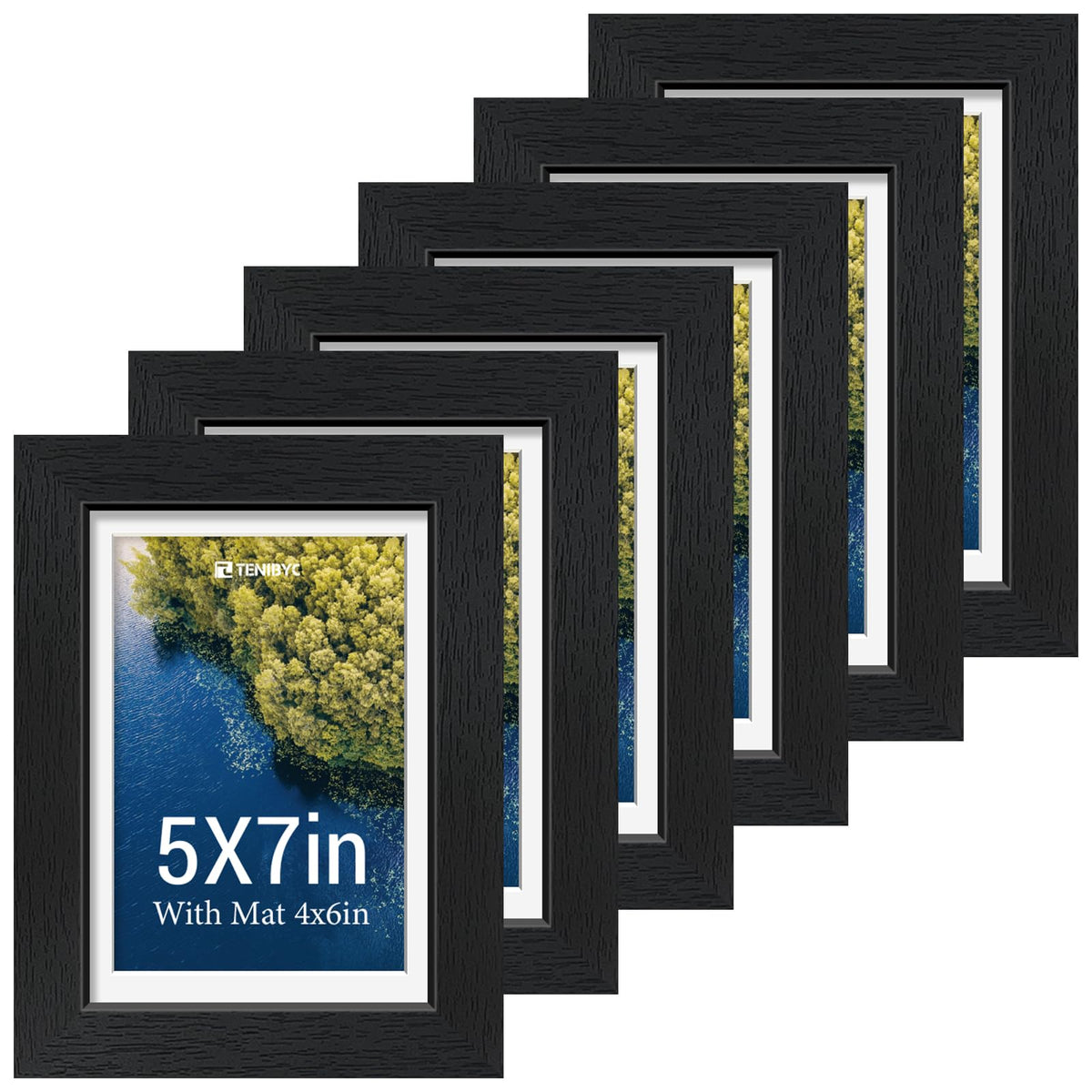 TENIBYC 5x7 Picture Frame Set - 6 Pack, Black Solid Wood Photo Frames - Tempered Glass - Displays Photos 4x6 with Mat or 5 x 7 without - Room, Office, Gallery, and Hallway Decor - Wall Hanging
