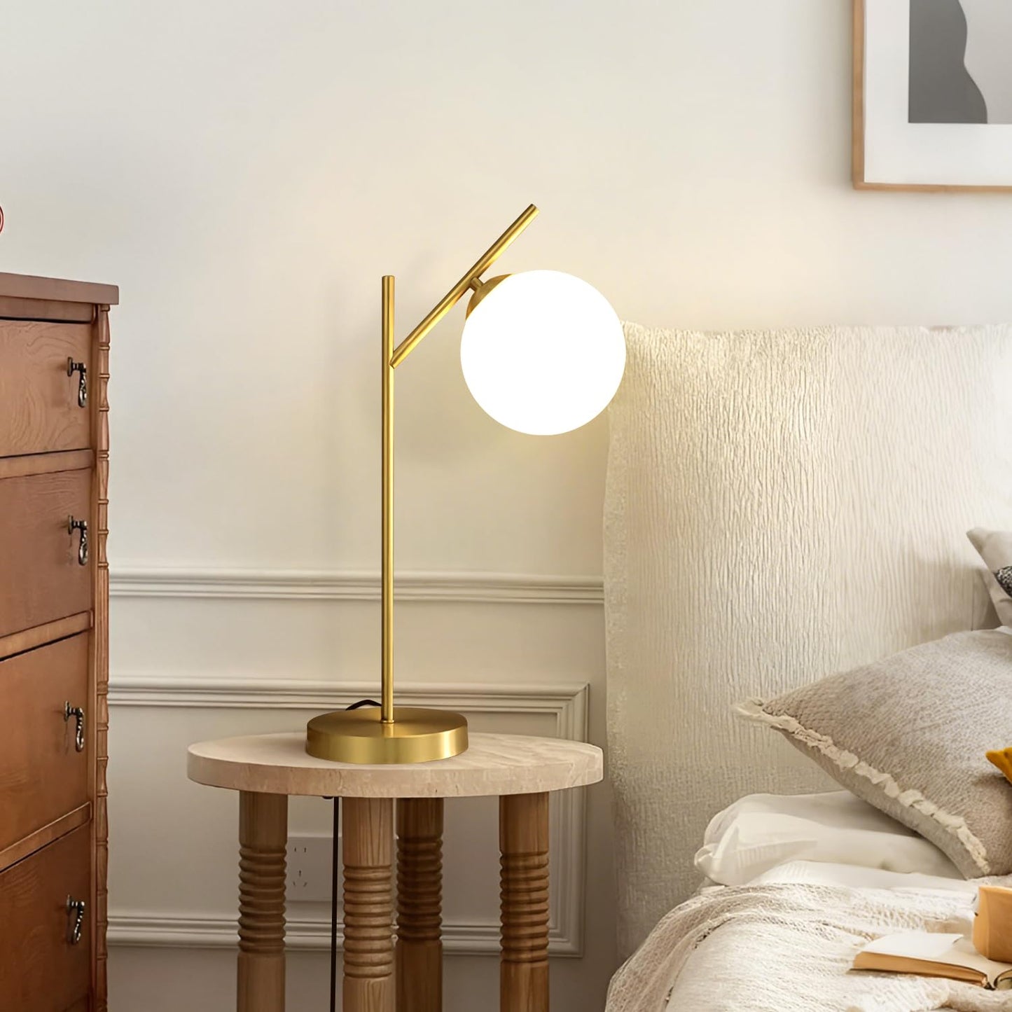 Fulesi Mid Century Modern Table Lamp, 1 Light Brass Glass Globe Bedside Lamp, Contemporary Metal Table Lamp with Milky White Glass shadefor Bedroom Living Room Study Room