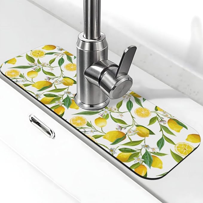 Yellow Lemon Teal Kitchen Sink Splash Guard Faucet Mat 1 Pcs, Absorbent Fast