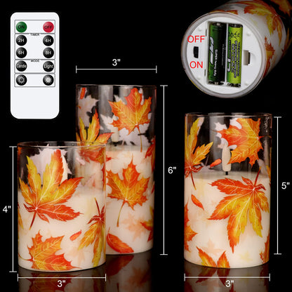 GenSwin Glass Maple Leaf Flameless Candles with Remote Timers, Battery Operated LED Flickering Candles, Real Wax Pillar Candles Christmas Wedding Decoration