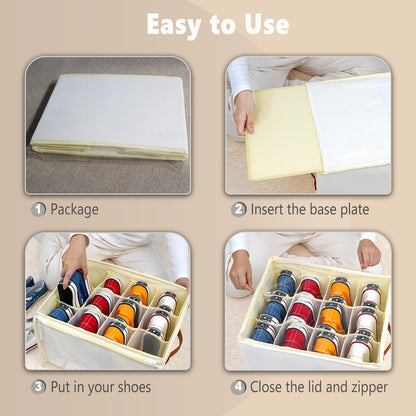 Patinao 2 Pack Shoe Storage Box Organizer for Closet - 24 Cell Space Saver Shoes Containers Bin with Clear Lids Stackable, Can Fit Ottoman, Foldable Shoe Rack Cabinet Cubby for Wardrobe