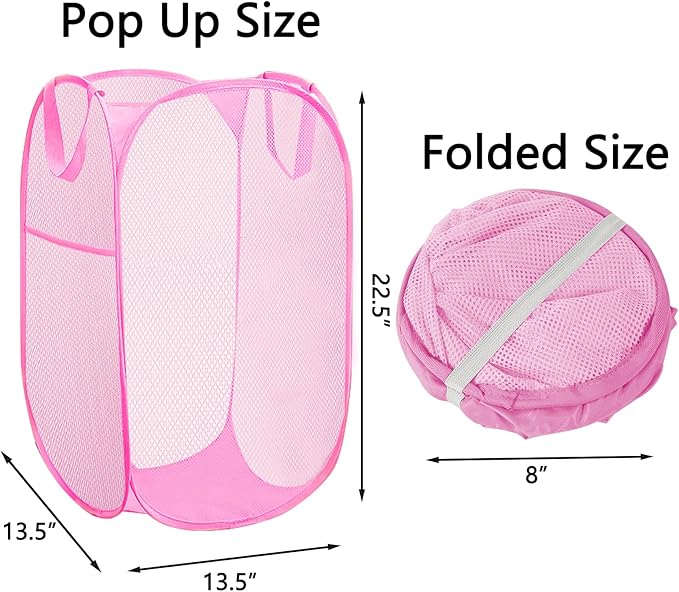 Portable Mesh Pop Up Laundry Hamper Pink Vertical Collapsible Laundry Basket