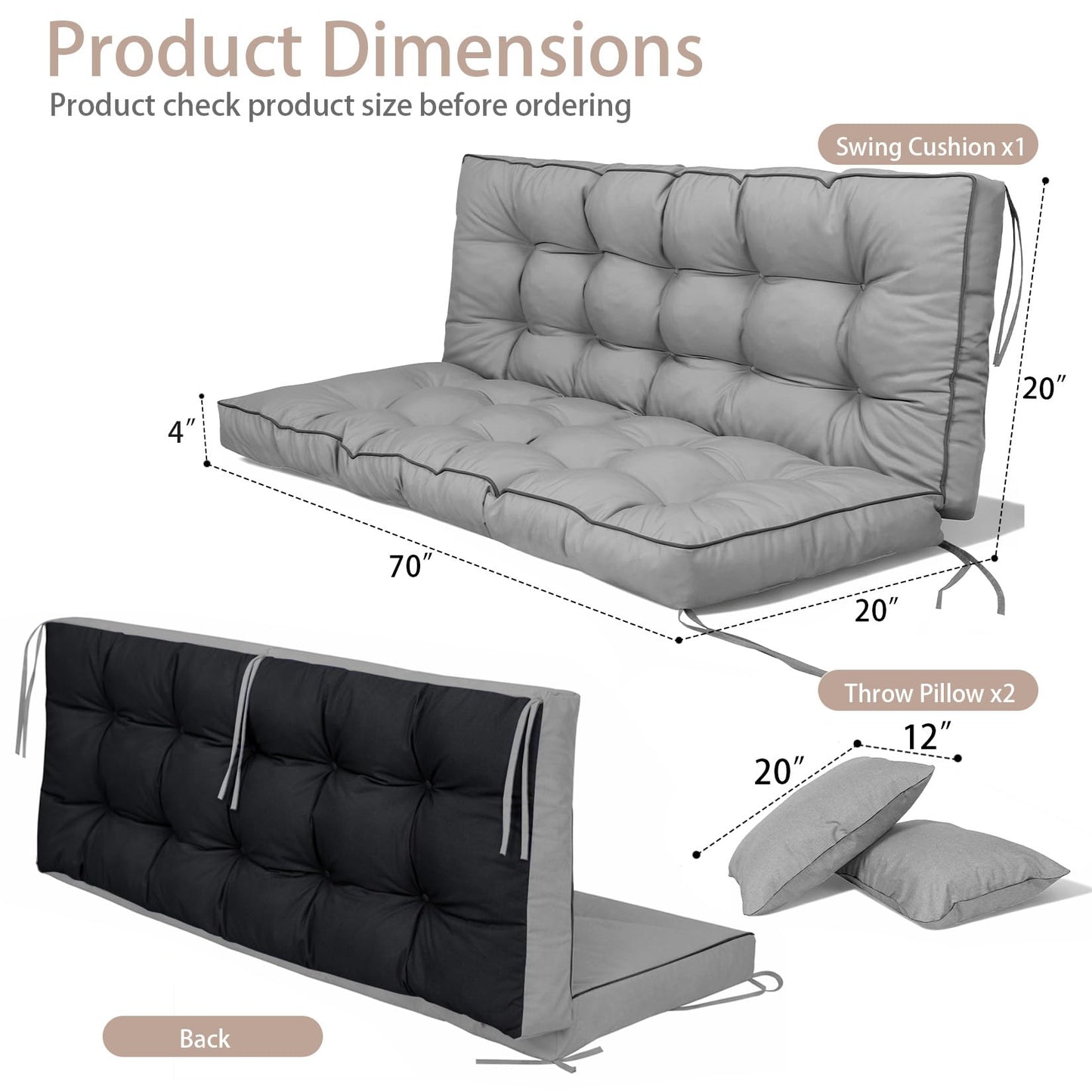 Kerkrot Porch Swing Cushions, Waterproof & Fade Resistant Outdoor Swing Cushion 70 Inch, Swing Cushions 3 Seater Replacement for Outdoor Furniture, Patio, Garden (Light Gray, 70 x 40 inch)