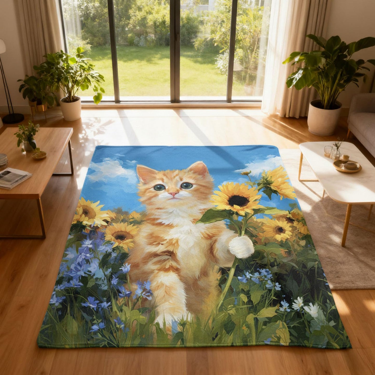 kampdream Orange Cat and Sunflower Flannel Blanket Throw, Super Soft Cozy Nap Blanket with Fun Animal Pattern for Sofa Travel and Camping, for All Seasons 50"x60" inch Yellow Blue Kitty