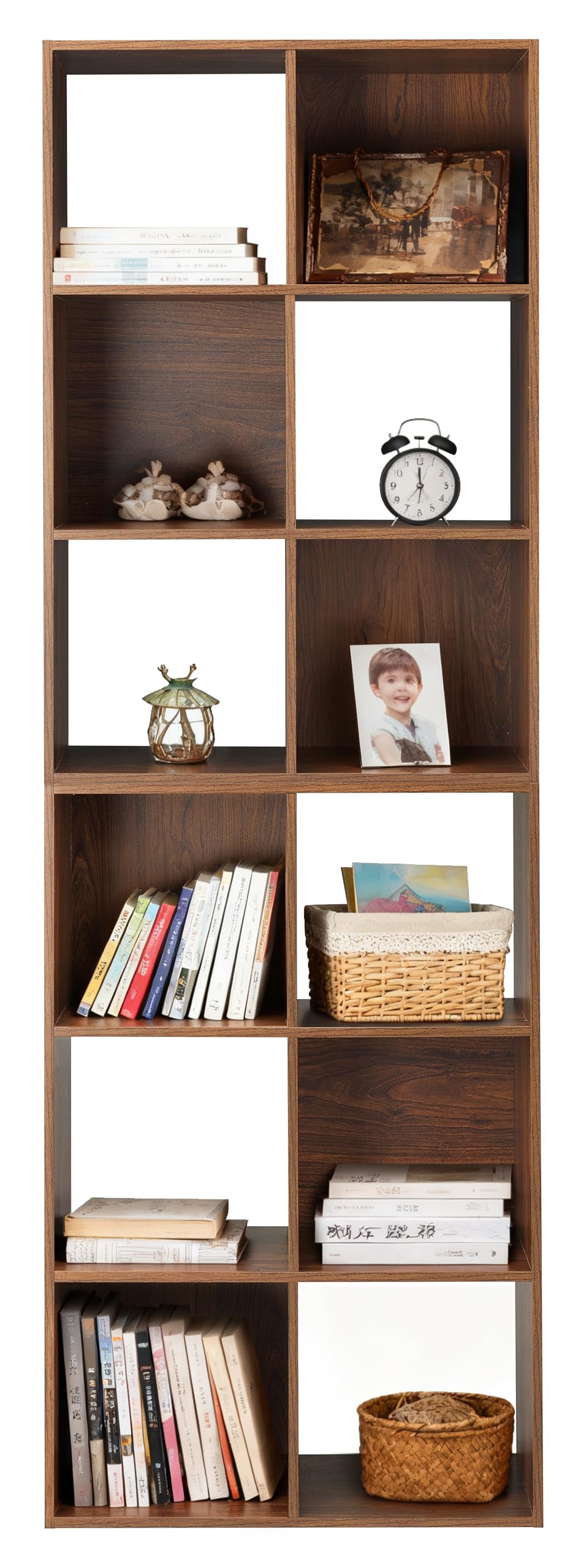 Whitmor 6 Cube Bookcase Storage Organizer, 3 Tier Stackable MDF Bookshelf, Open Storage Display Shelf, Storage Cabinet for Living Room, Bedroom, Home, Office, 23.9" L x 11.7" W x 35.5" H, Walnut