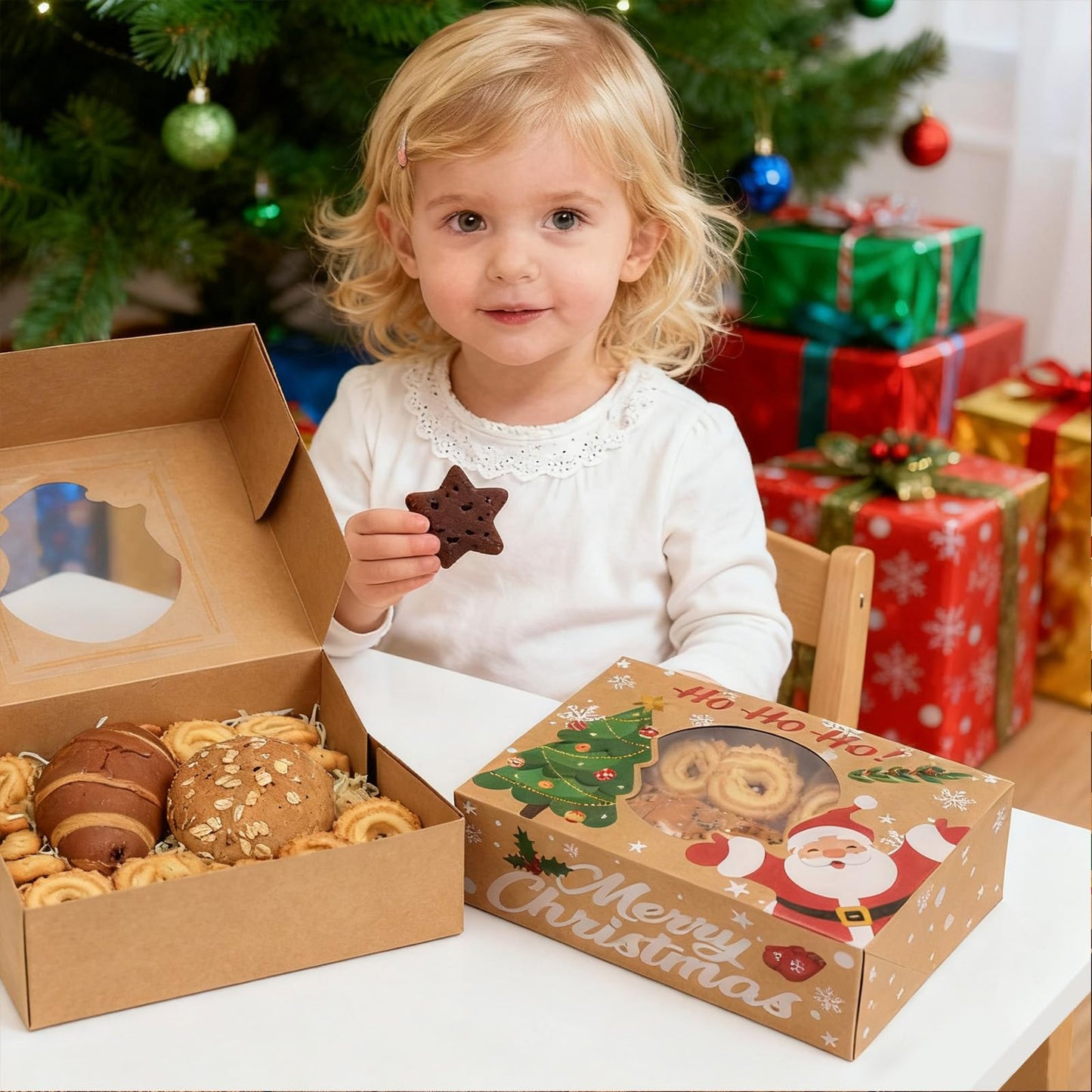 CHOUNYEE 24 Pack Christmas Cookie Boxes - 8.25"x6"x2.75" Brown Kraft Bakery Box with Window for Holiday Treats, Gift Exchange Box for Baked Goods, Cookie Tins with Lids for Gift Giving