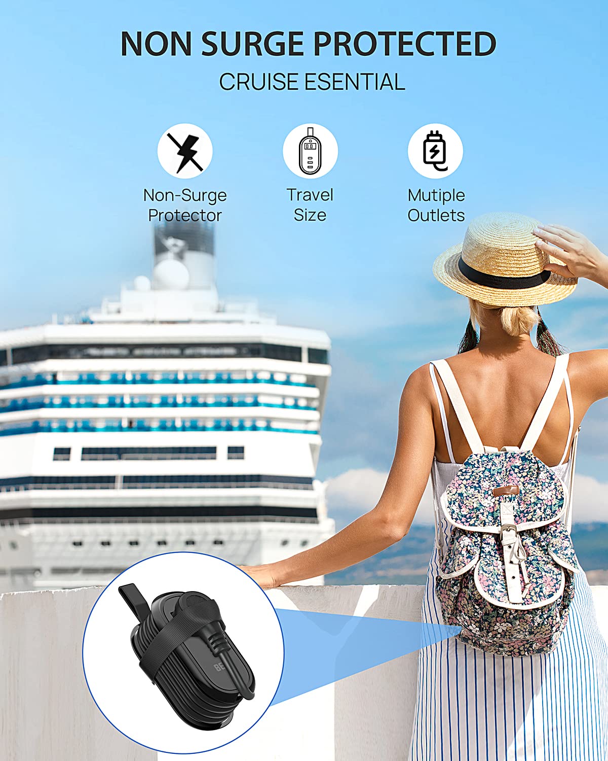 BEVA Travel Power Strip with USB Ports, 4FT Travel Flat Plug Extension Cord, Fast Charge PD 20W 2 Outlets 3 USB Ports, Non Surge Protector for Cruise Ship Travel Essentials(PD20W Charge Black)