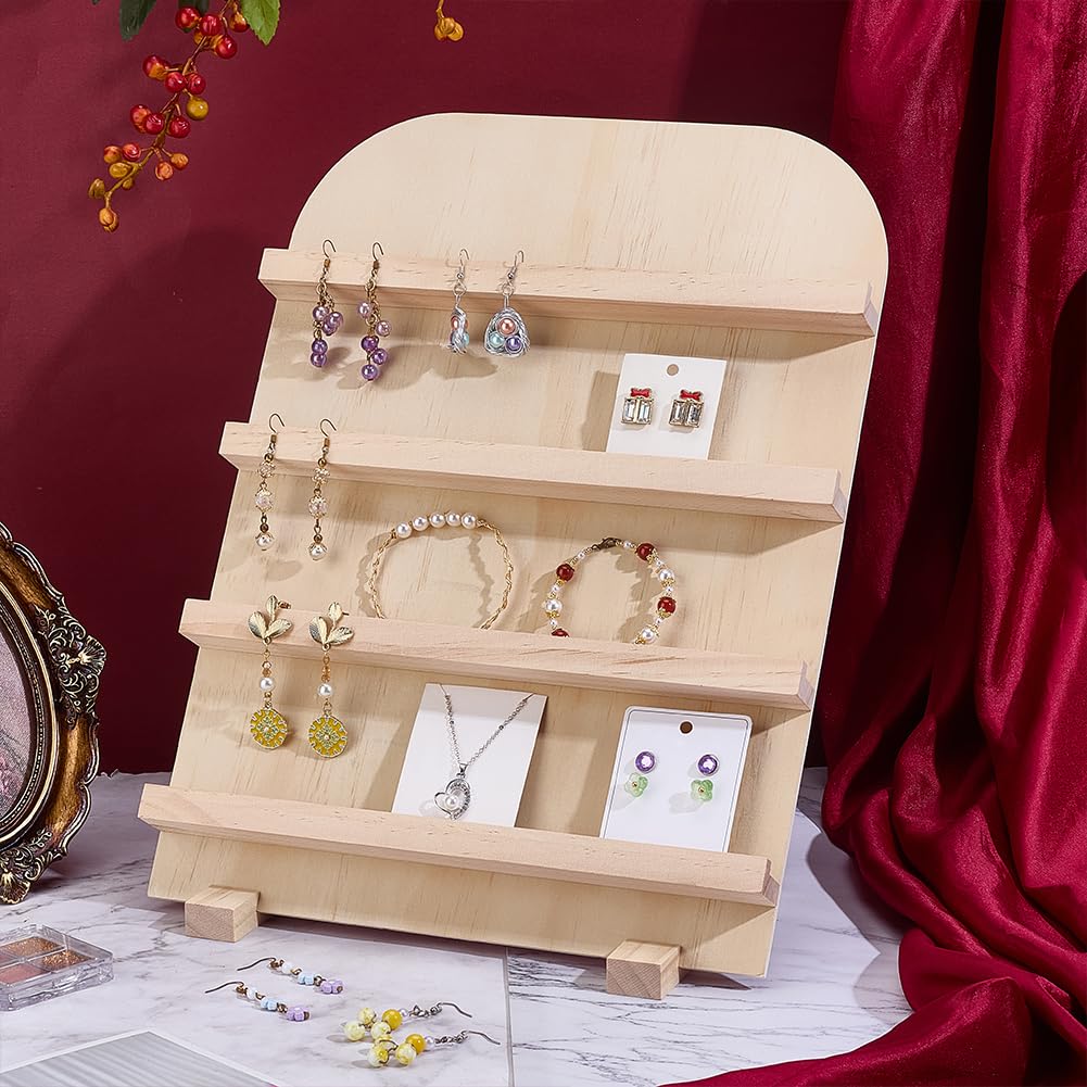 PH PandaHall 4-Tier Wooden Jewelry Display Stand Earring Card Displays Tower Bracelets Stands Rack Craft Fairs Showcase Holder with Slots for Selling Retail Jewelry Showing Exhibition Storage