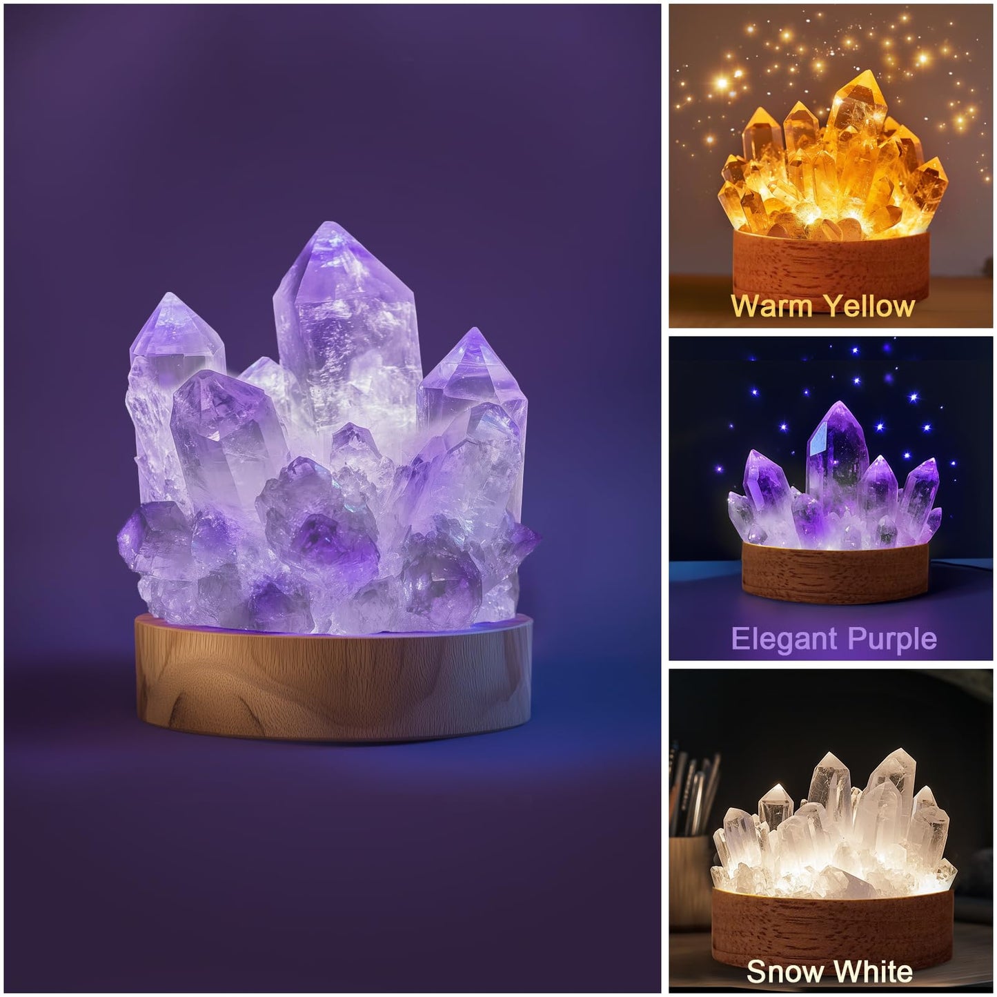 Amethyst Crystal Night Light - Natural Healing Crystal Bedside Lamp Soft Warm LED Light USB Powered Home Decor Night Light for Bedroom, Living Room Ideal Gift for Women & Men (Elegant Purple)