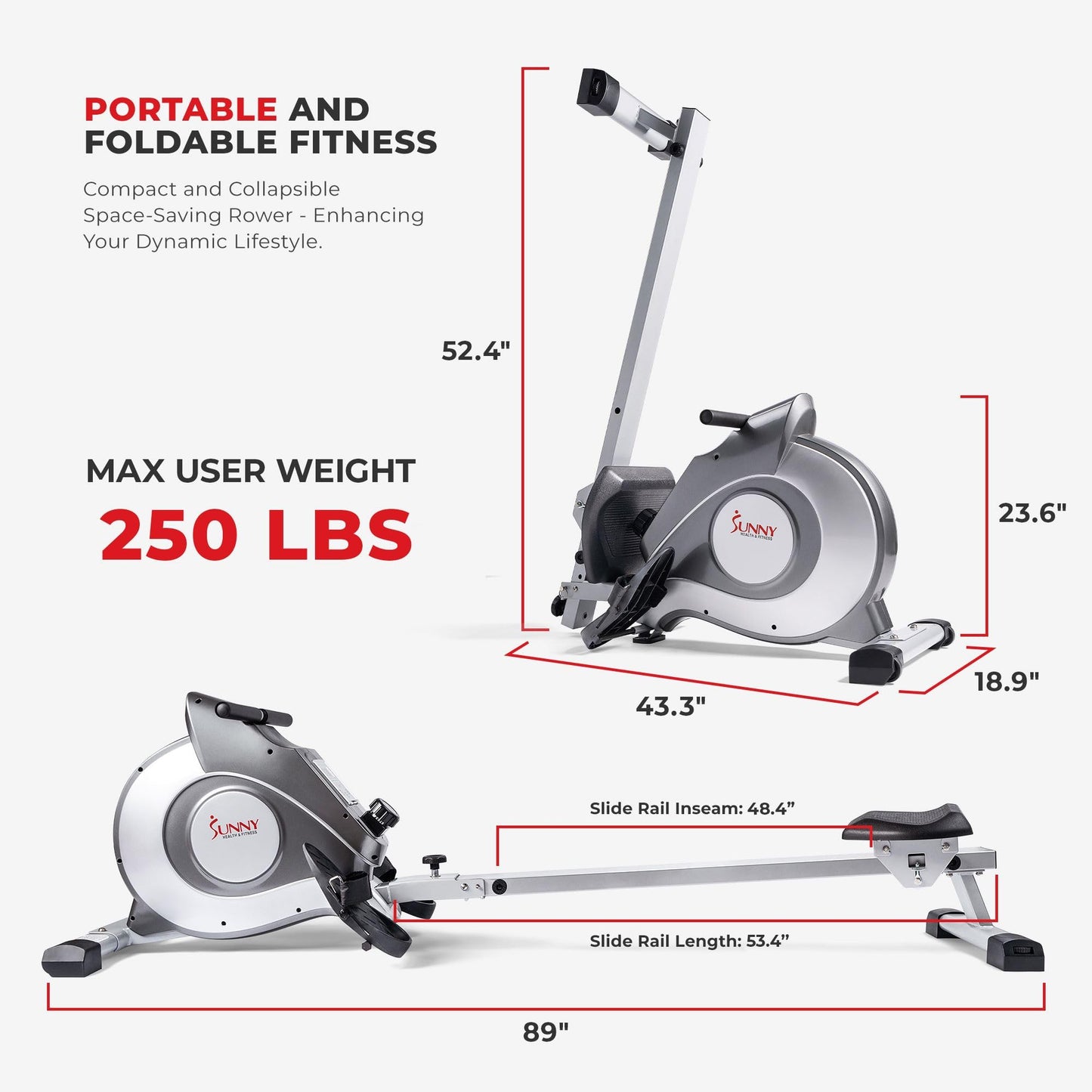 Sunny Health & Fitness Flip & Foldable Rowing Machine for Home w/Extended Slide Rail, Full-Body Workout, Low-Impact, Optional Extra Long Rail, Quiet Rail Cover, Water Motion and Free SunnyFit App
